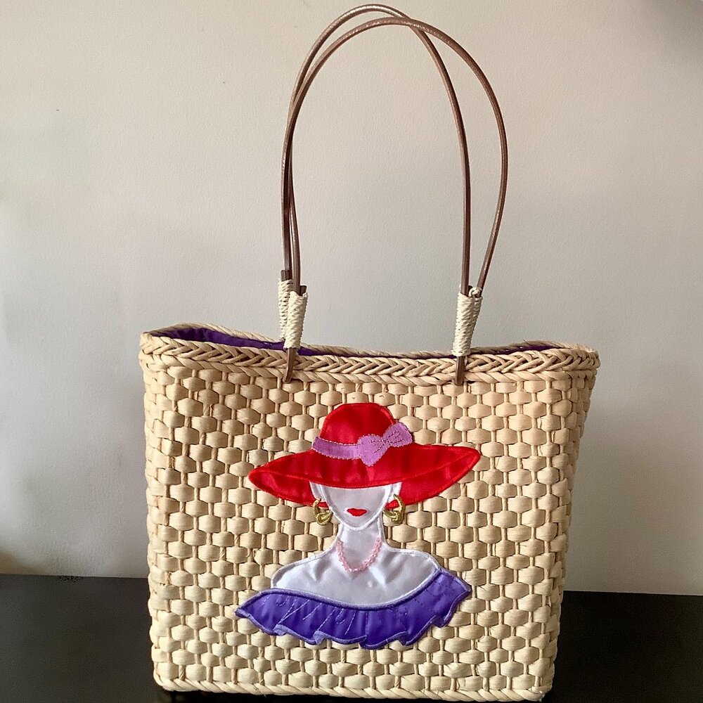 Straw Tote Red Hat Ladies Lined Zipper Compartment Slide In Compartment